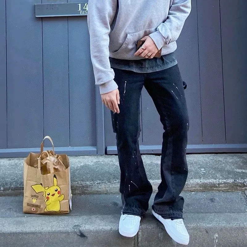 -Size upper body P220#G33 GALLERY DEPT. Spliced ​​washed retro jeans for men and women, high street splash-ink pants, micro-flared casual trousers, trendy couple, same style. Color: black. Size: S-XXL (corresponding to 28-36)